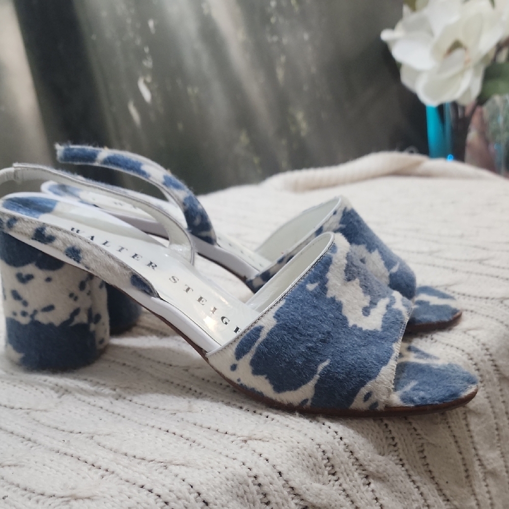 Walter Steiger blue and white cow Hair print  slingback sandals.Made In Italy.